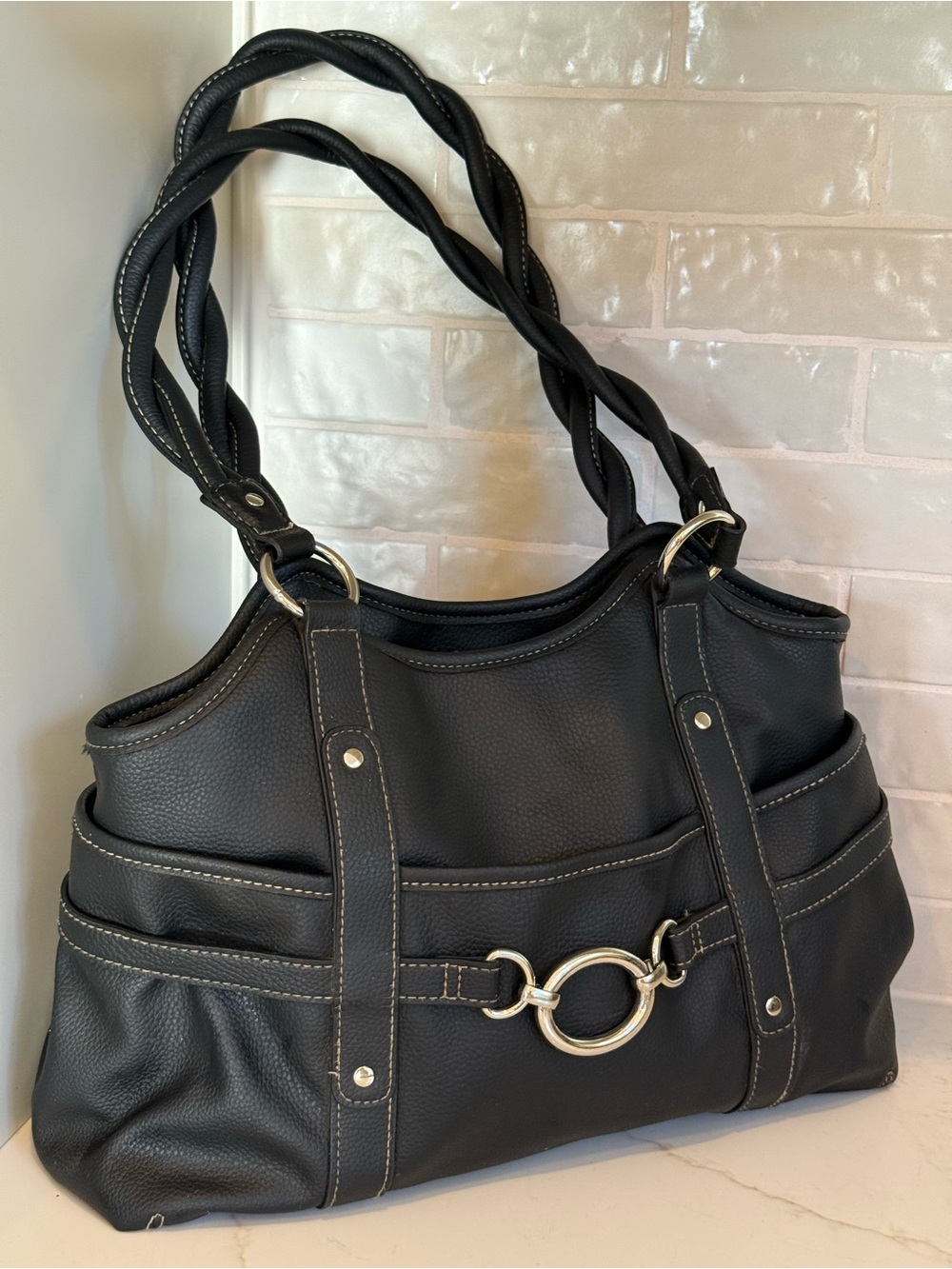 Rossetti Black Shoulder Bag Braided Double Strap Ring Accent Purse Vtg Y2k Look